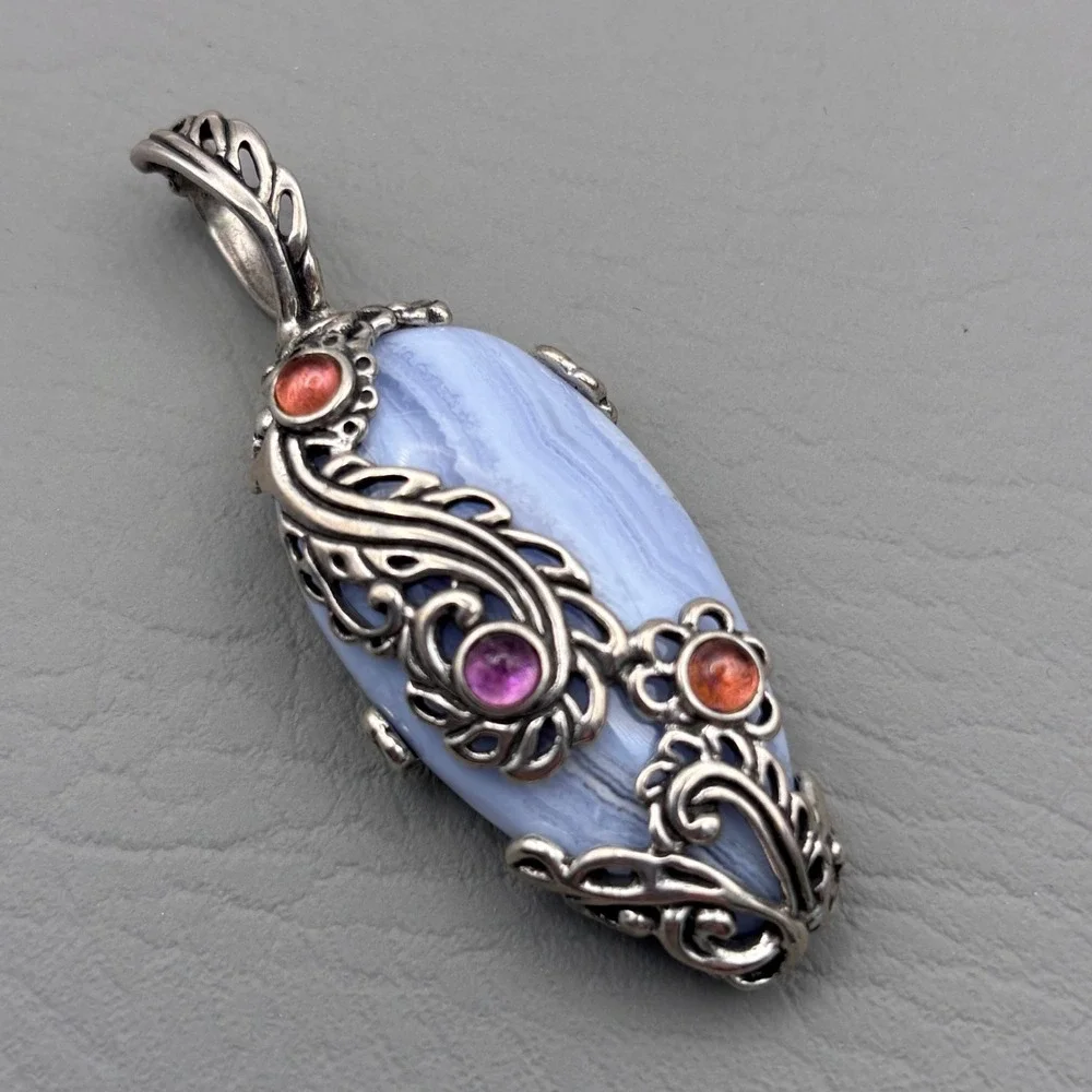 Vintage Carolyn Pollack Relios Sterling Blue Lace Agate Pendant 2.5